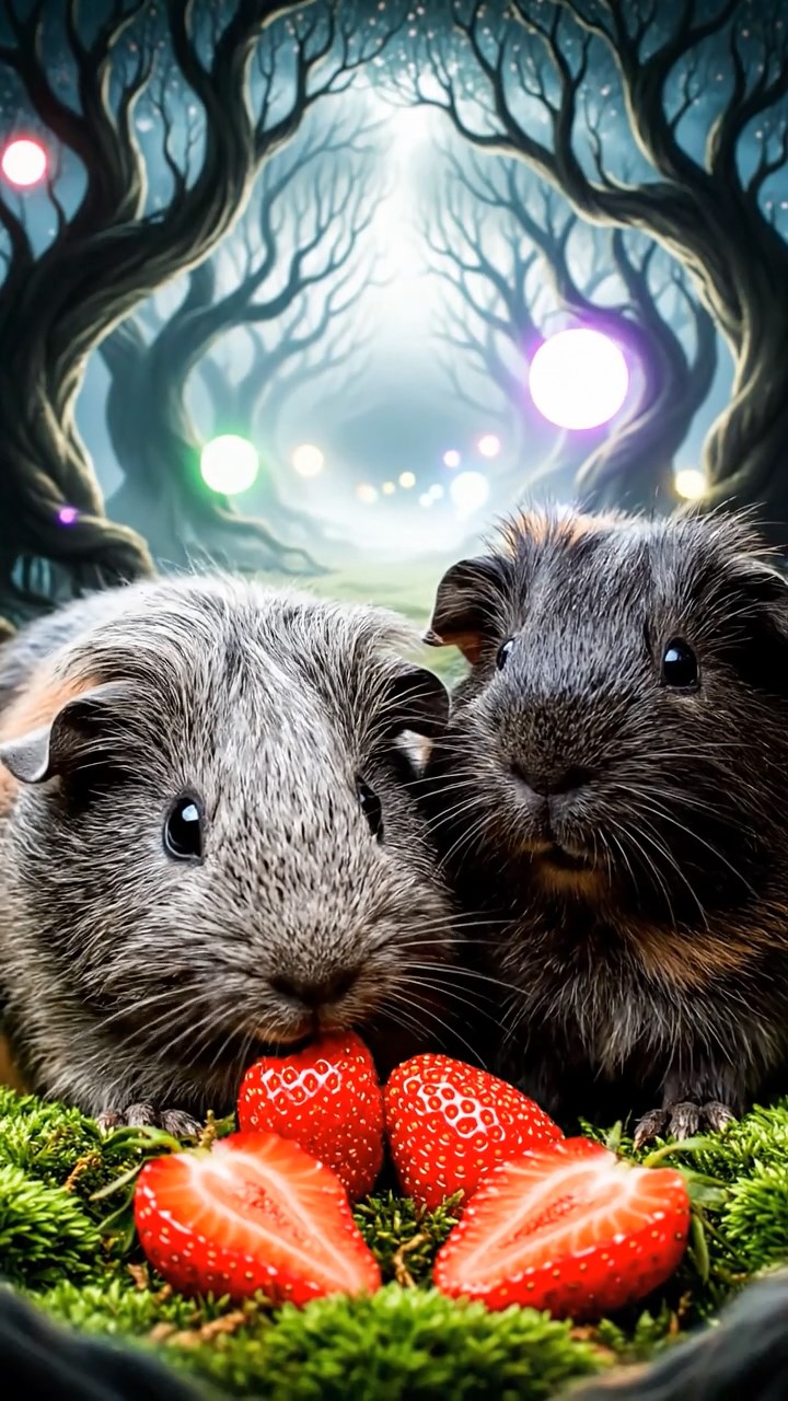 1206. Photorealistic view of 2 smooth-haired Texel guinea pigs with gray and black fur, enjoying strawberry halves, amid a surreal dream forest with floating orbs and twisted trees.