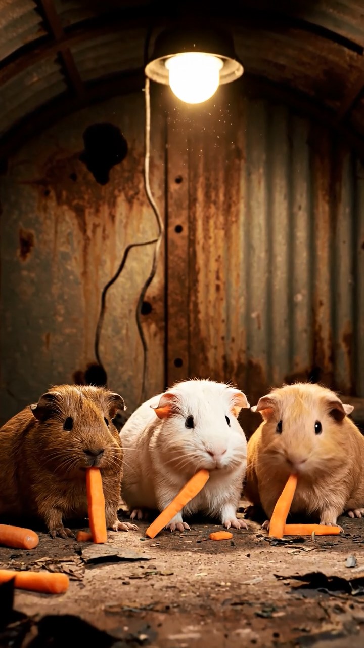 1207. Realistic image of 3 smooth-haired Rex guinea pigs featuring brown, cream, and fawn coats, munching on carrot sticks, in a post-apocalyptic bunker with rusted metal walls and emergency lights.
