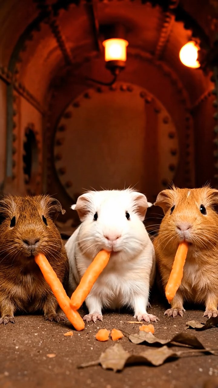 1207. Realistic image of 3 smooth-haired Rex guinea pigs featuring brown, cream, and fawn coats, munching on carrot sticks, in a post-apocalyptic bunker with rusted metal walls and emergency lights.
