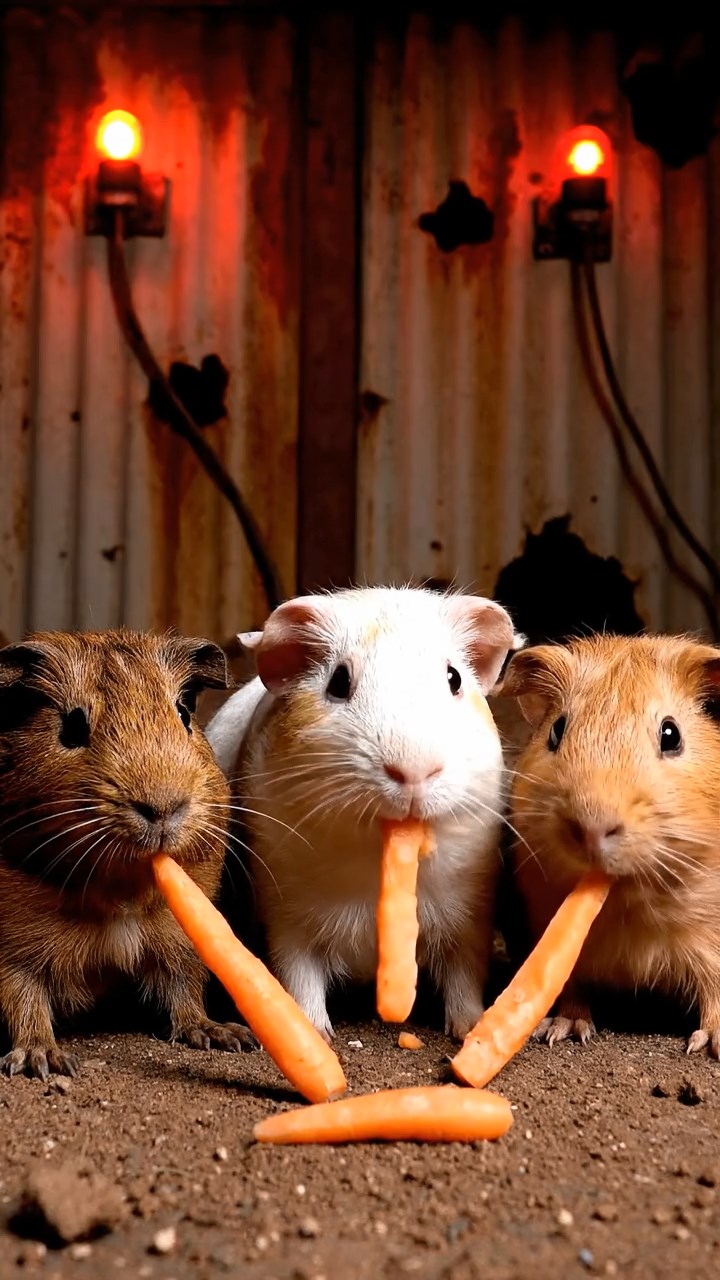 1207. Realistic image of 3 smooth-haired Rex guinea pigs featuring brown, cream, and fawn coats, munching on carrot sticks, in a post-apocalyptic bunker with rusted metal walls and emergency lights.