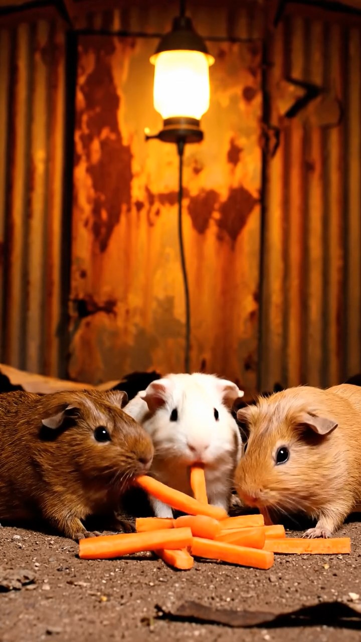 1207. Realistic image of 3 smooth-haired Rex guinea pigs featuring brown, cream, and fawn coats, munching on carrot sticks, in a post-apocalyptic bunker with rusted metal walls and emergency lights.