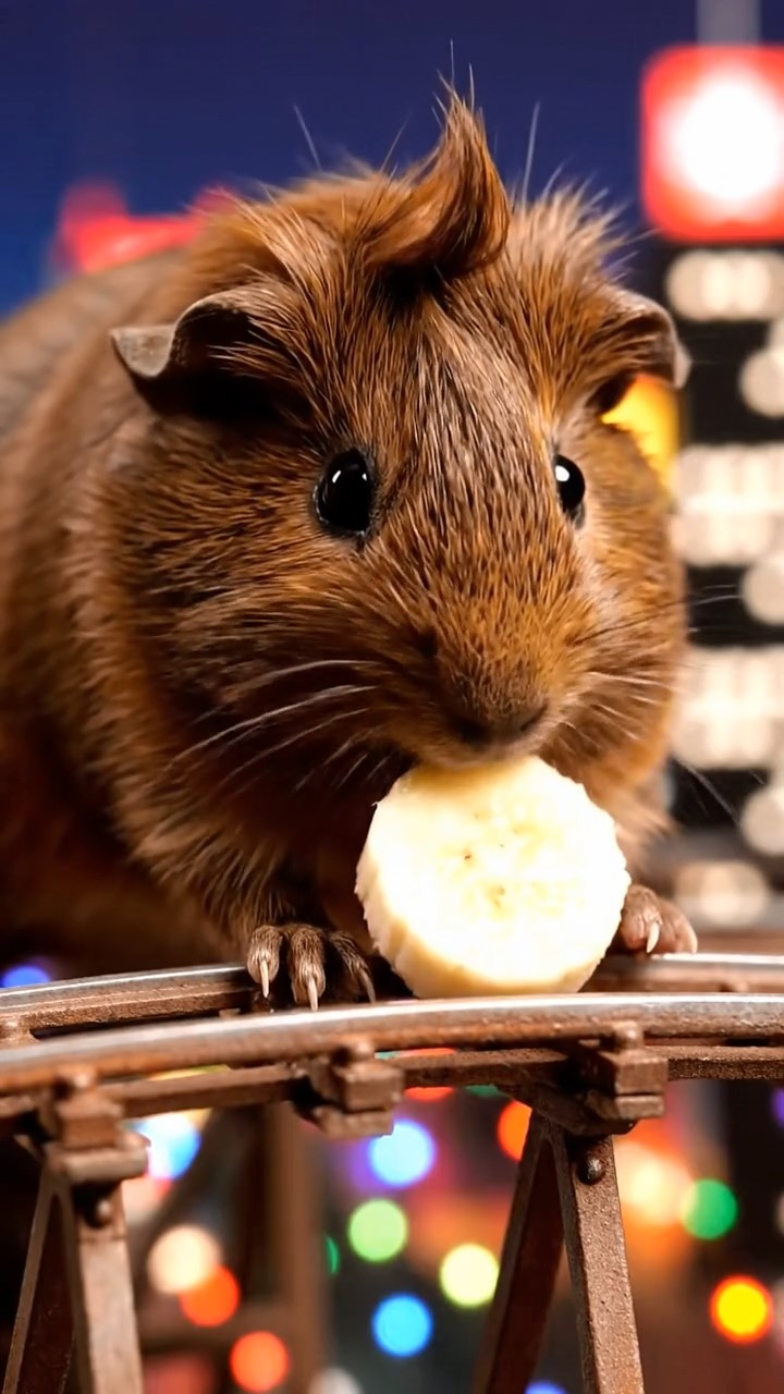 1208. Highly detailed scene of 1 smooth-haired Coronet guinea pig with chocolate fur, nibbling on banana slices, on a carnival roller coaster track summit with city lights below.
