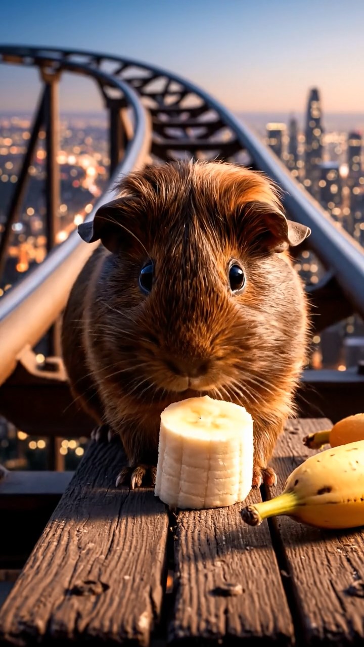 1208. Highly detailed scene of 1 smooth-haired Coronet guinea pig with chocolate fur, nibbling on banana slices, on a carnival roller coaster track summit with city lights below.