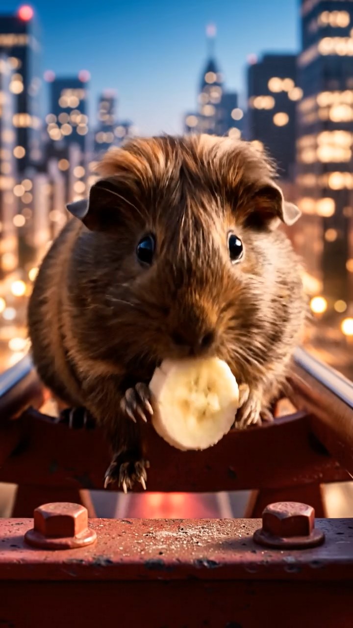 1208. Highly detailed scene of 1 smooth-haired Coronet guinea pig with chocolate fur, nibbling on banana slices, on a carnival roller coaster track summit with city lights below.