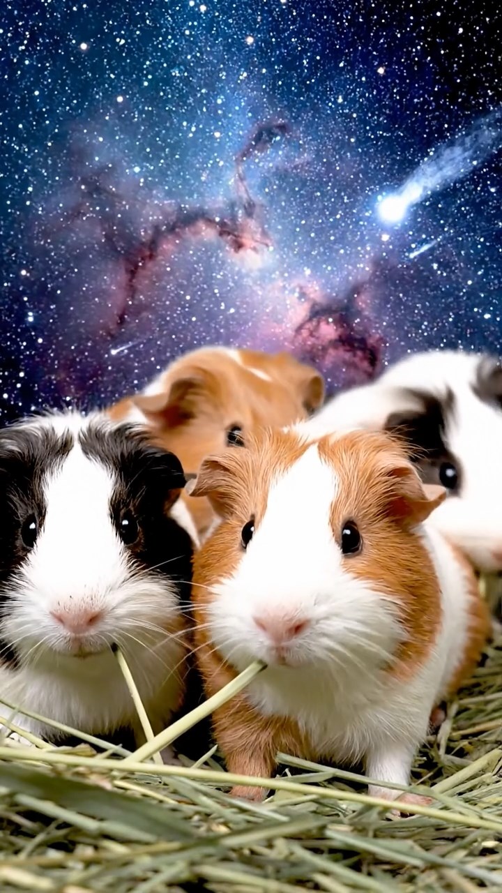 1209. Photorealistic photo of 4 smooth-haired White Crested guinea pigs with cinnamon, sable, and white fur, eating alfalfa hay, in a deep space nebula cloud with starry backgrounds and comet trails.