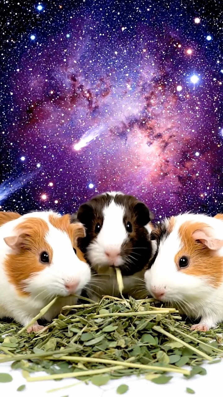 1209. Photorealistic photo of 4 smooth-haired White Crested guinea pigs with cinnamon, sable, and white fur, eating alfalfa hay, in a deep space nebula cloud with starry backgrounds and comet trails.