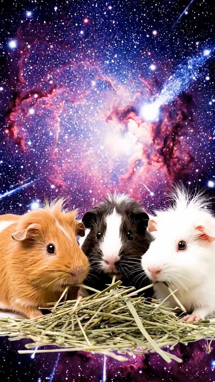 1209. Photorealistic photo of 4 smooth-haired White Crested guinea pigs with cinnamon, sable, and white fur, eating alfalfa hay, in a deep space nebula cloud with starry backgrounds and comet trails.