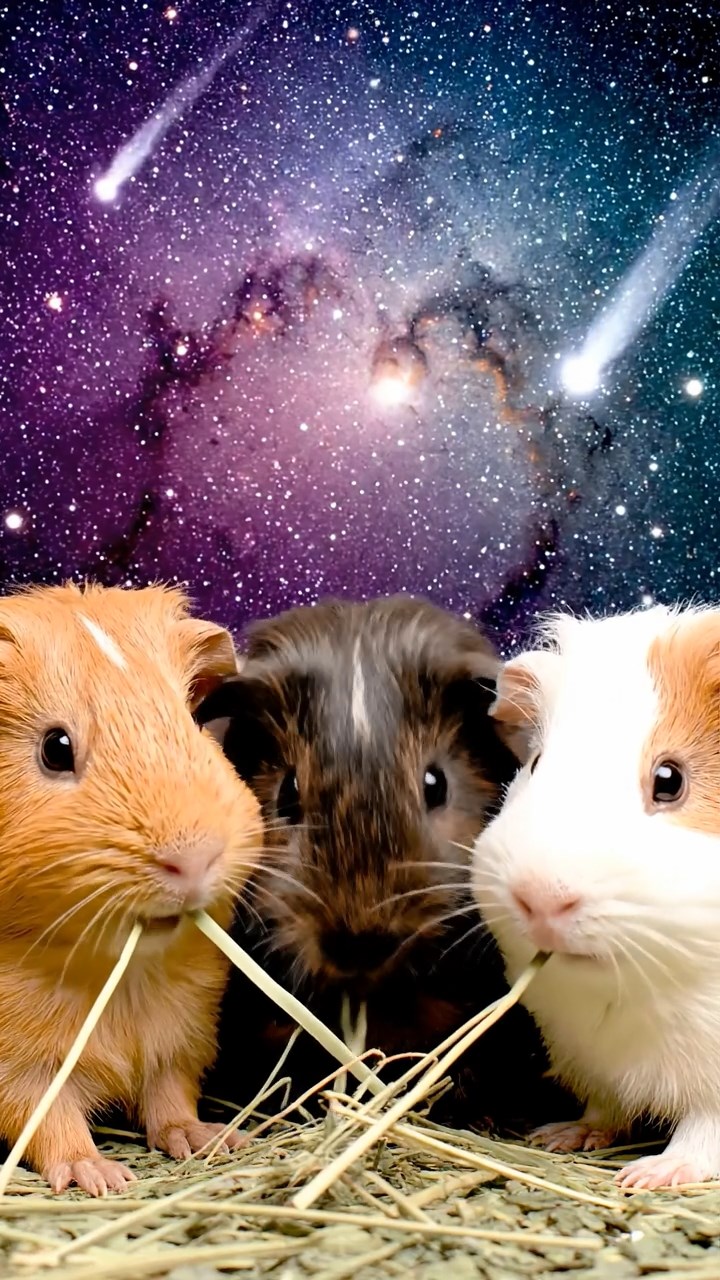 1209. Photorealistic photo of 4 smooth-haired White Crested guinea pigs with cinnamon, sable, and white fur, eating alfalfa hay, in a deep space nebula cloud with starry backgrounds and comet trails.