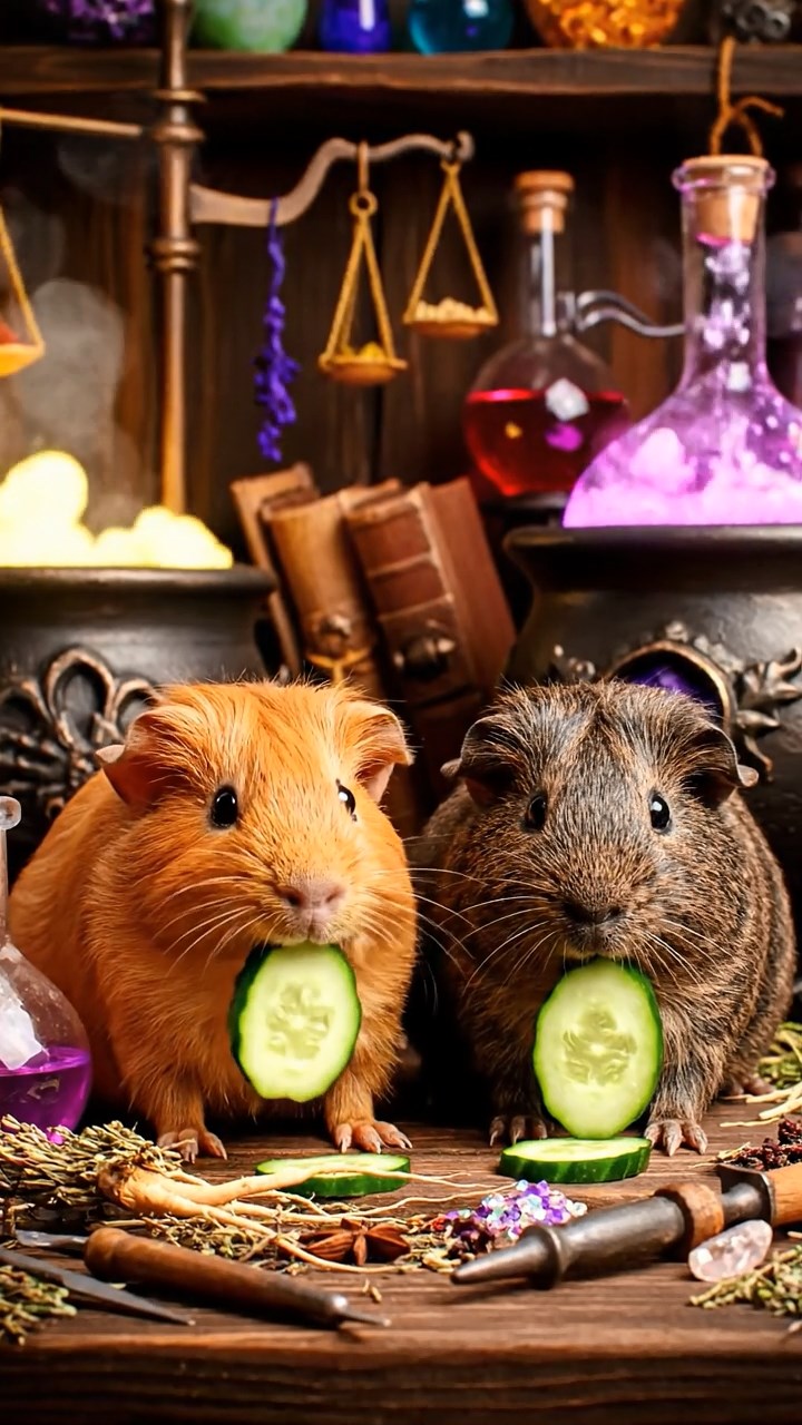 1210. Realistic depiction of 2 smooth-haired Skinny guinea pigs in orange and gray colors, chewing on cucumber slices, inside a cozy wizard's alchemy lab with bubbling potions and spell ingredients.