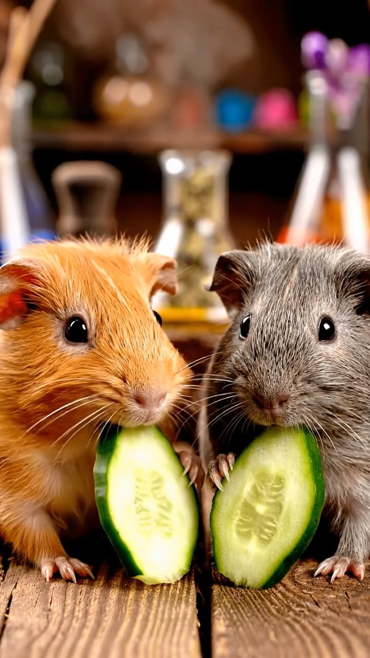 1210. Realistic depiction of 2 smooth-haired Skinny guinea pigs in orange and gray colors, chewing on cucumber slices, inside a cozy wizard's alchemy lab with bubbling potions and spell ingredients.