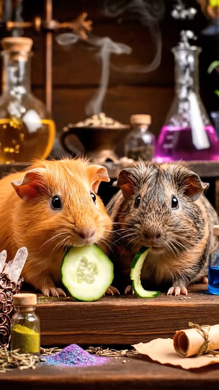 1210. Realistic depiction of 2 smooth-haired Skinny guinea pigs in orange and gray colors, chewing on cucumber slices, inside a cozy wizard's alchemy lab with bubbling potions and spell ingredients.