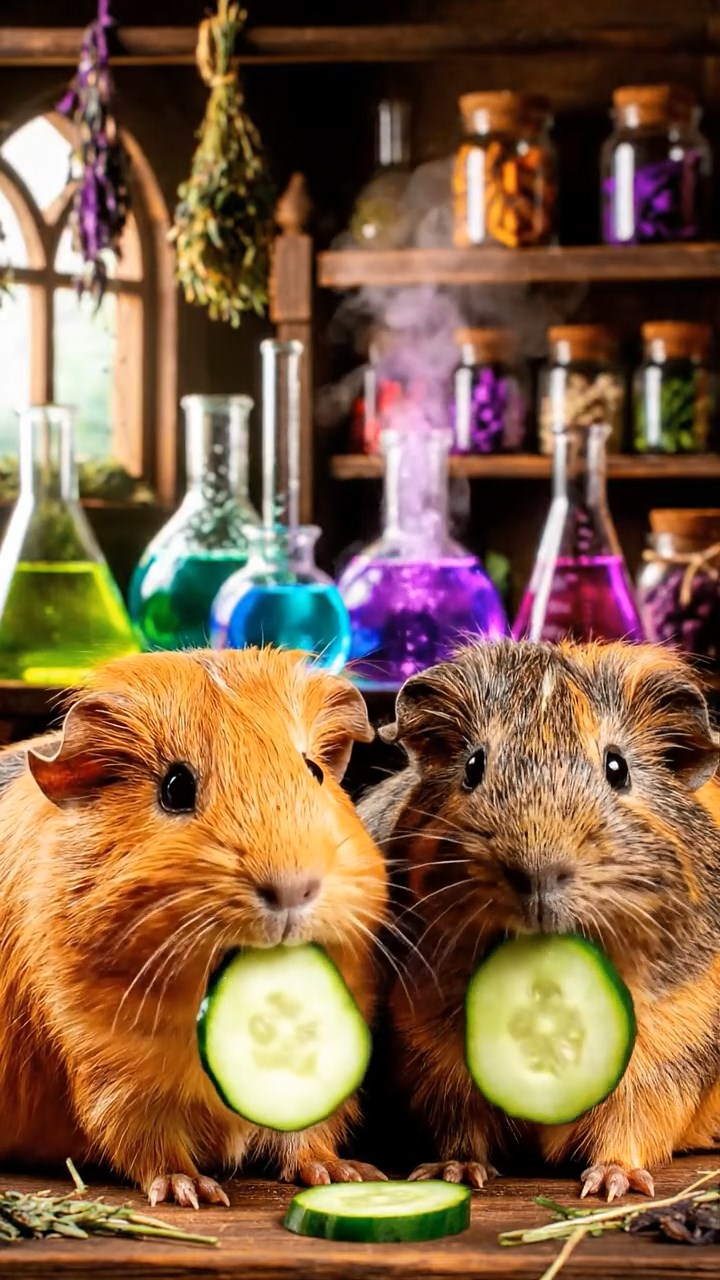 1210. Realistic depiction of 2 smooth-haired Skinny guinea pigs in orange and gray colors, chewing on cucumber slices, inside a cozy wizard's alchemy lab with bubbling potions and spell ingredients.
