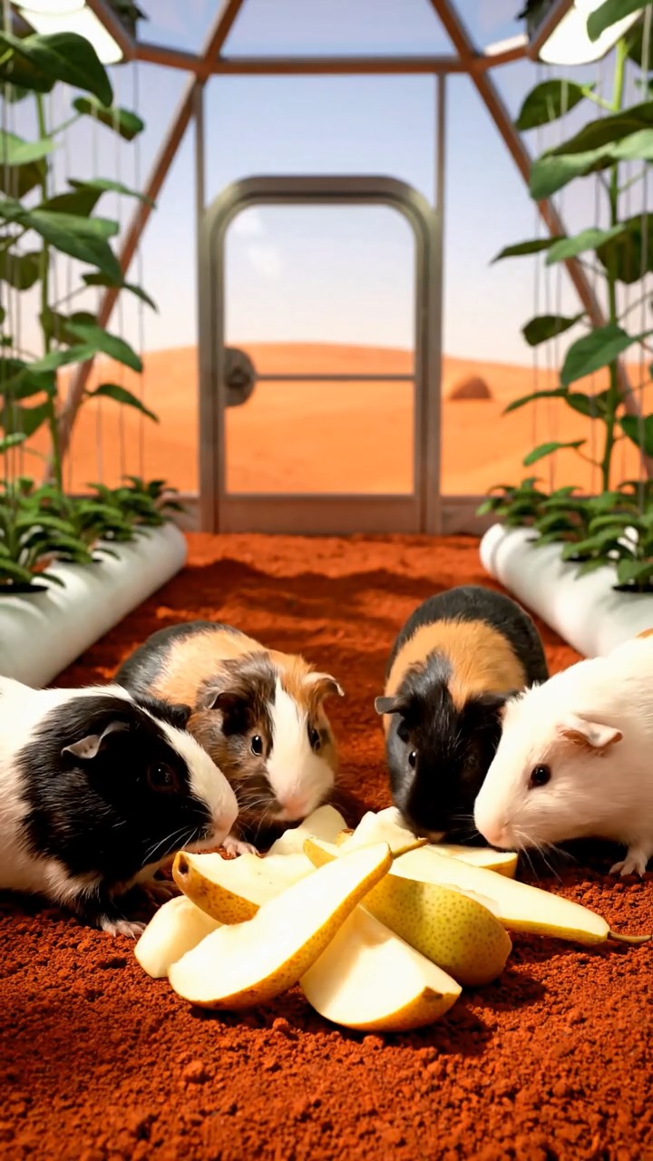1211. Detailed realistic image of 5 smooth-haired American guinea pigs with black, brown, and cream fur, sharing pear chunks, on a Martian colony dome farm with red soil and hydroponic plants.