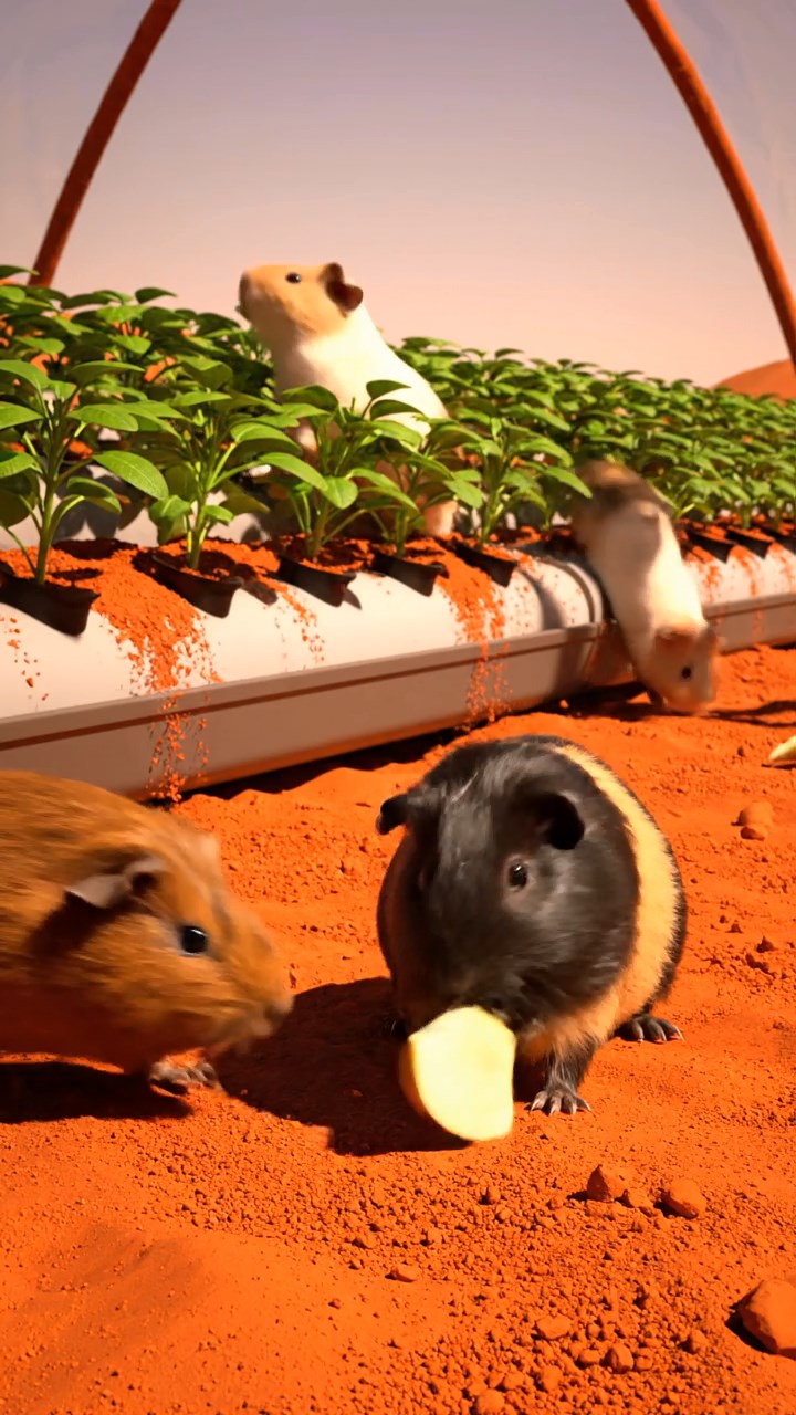 1211. Detailed realistic image of 5 smooth-haired American guinea pigs with black, brown, and cream fur, sharing pear chunks, on a Martian colony dome farm with red soil and hydroponic plants.