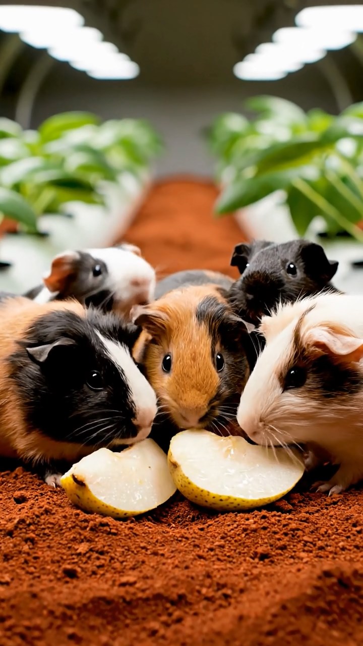 1211. Detailed realistic image of 5 smooth-haired American guinea pigs with black, brown, and cream fur, sharing pear chunks, on a Martian colony dome farm with red soil and hydroponic plants.