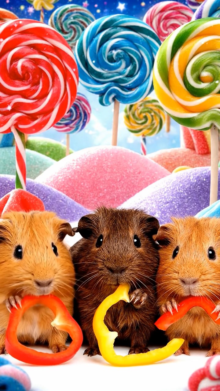 1212. Photorealistic scene of 3 smooth-haired Abyssinian guinea pigs featuring fawn, chocolate, and cinnamon coats, munching on bell pepper strips, in a fairy tale candy land with lollipop trees and gumdrop hills.