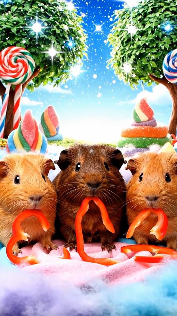 1212. Photorealistic scene of 3 smooth-haired Abyssinian guinea pigs featuring fawn, chocolate, and cinnamon coats, munching on bell pepper strips, in a fairy tale candy land with lollipop trees and gumdrop hills.