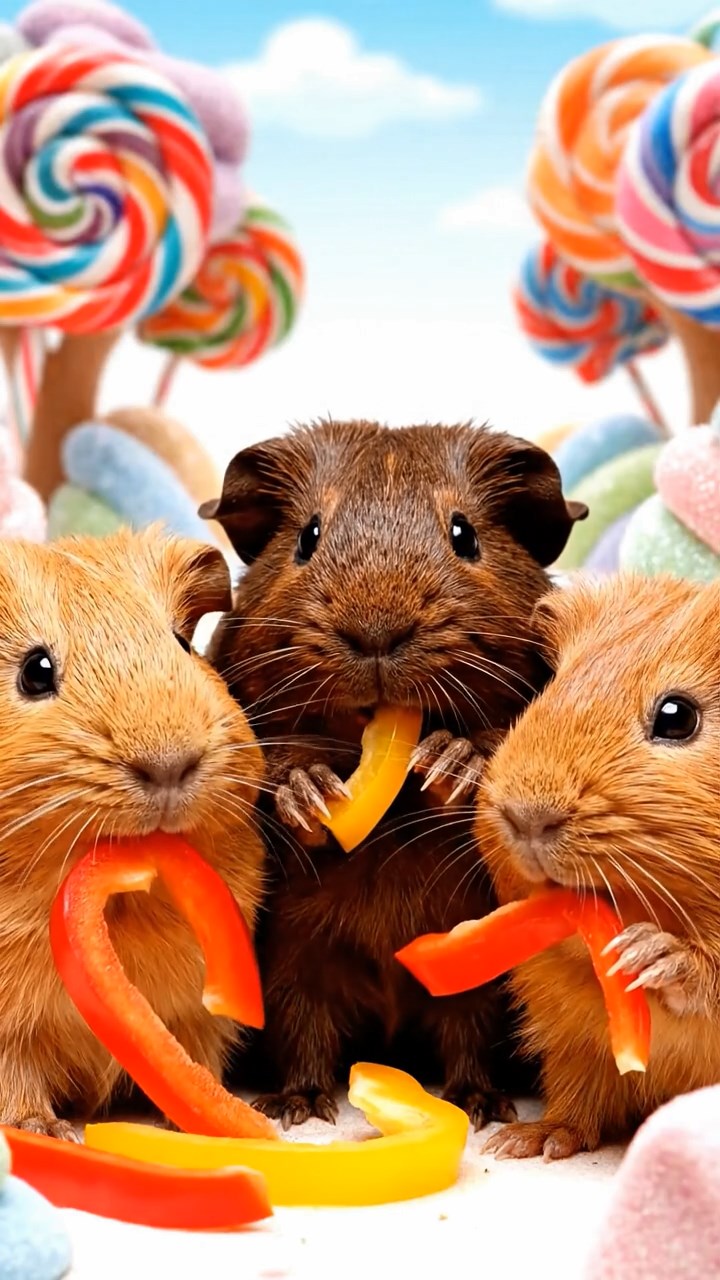 1212. Photorealistic scene of 3 smooth-haired Abyssinian guinea pigs featuring fawn, chocolate, and cinnamon coats, munching on bell pepper strips, in a fairy tale candy land with lollipop trees and gumdrop hills.