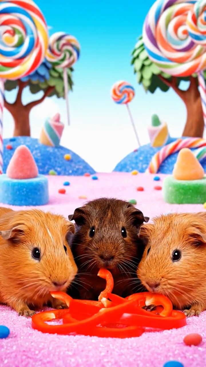 1212. Photorealistic scene of 3 smooth-haired Abyssinian guinea pigs featuring fawn, chocolate, and cinnamon coats, munching on bell pepper strips, in a fairy tale candy land with lollipop trees and gumdrop hills.