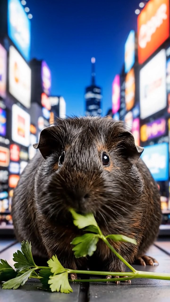 1213. Realistic photo of 1 smooth-haired Peruvian guinea pig with sable fur, eating fresh parsley, on a Tokyo neon-lit rooftop with skyscrapers and billboards glowing.