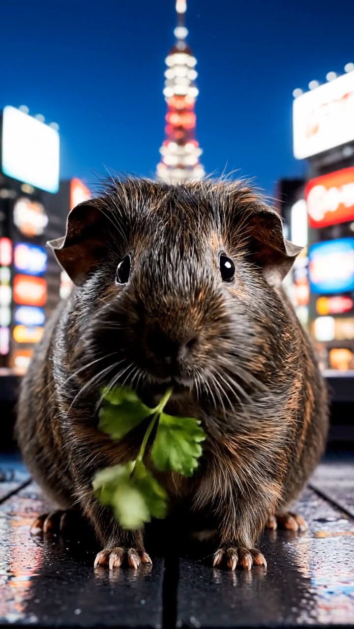 1213. Realistic photo of 1 smooth-haired Peruvian guinea pig with sable fur, eating fresh parsley, on a Tokyo neon-lit rooftop with skyscrapers and billboards glowing.
