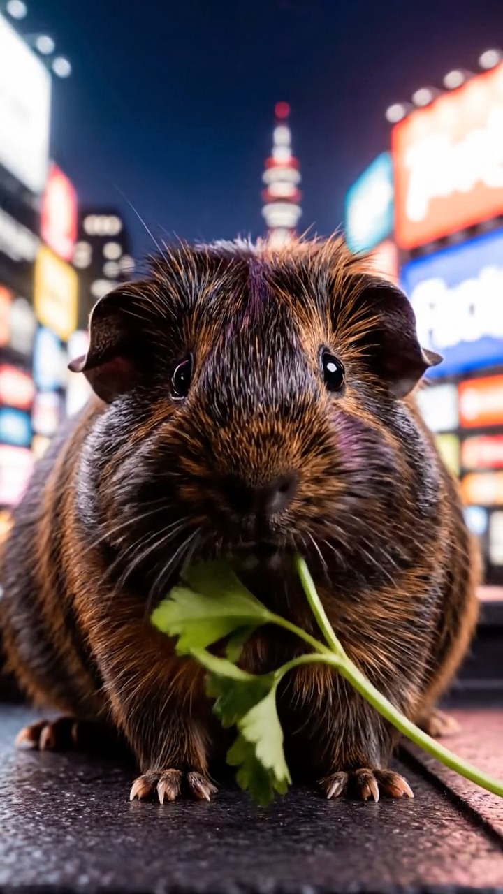 1213. Realistic photo of 1 smooth-haired Peruvian guinea pig with sable fur, eating fresh parsley, on a Tokyo neon-lit rooftop with skyscrapers and billboards glowing.