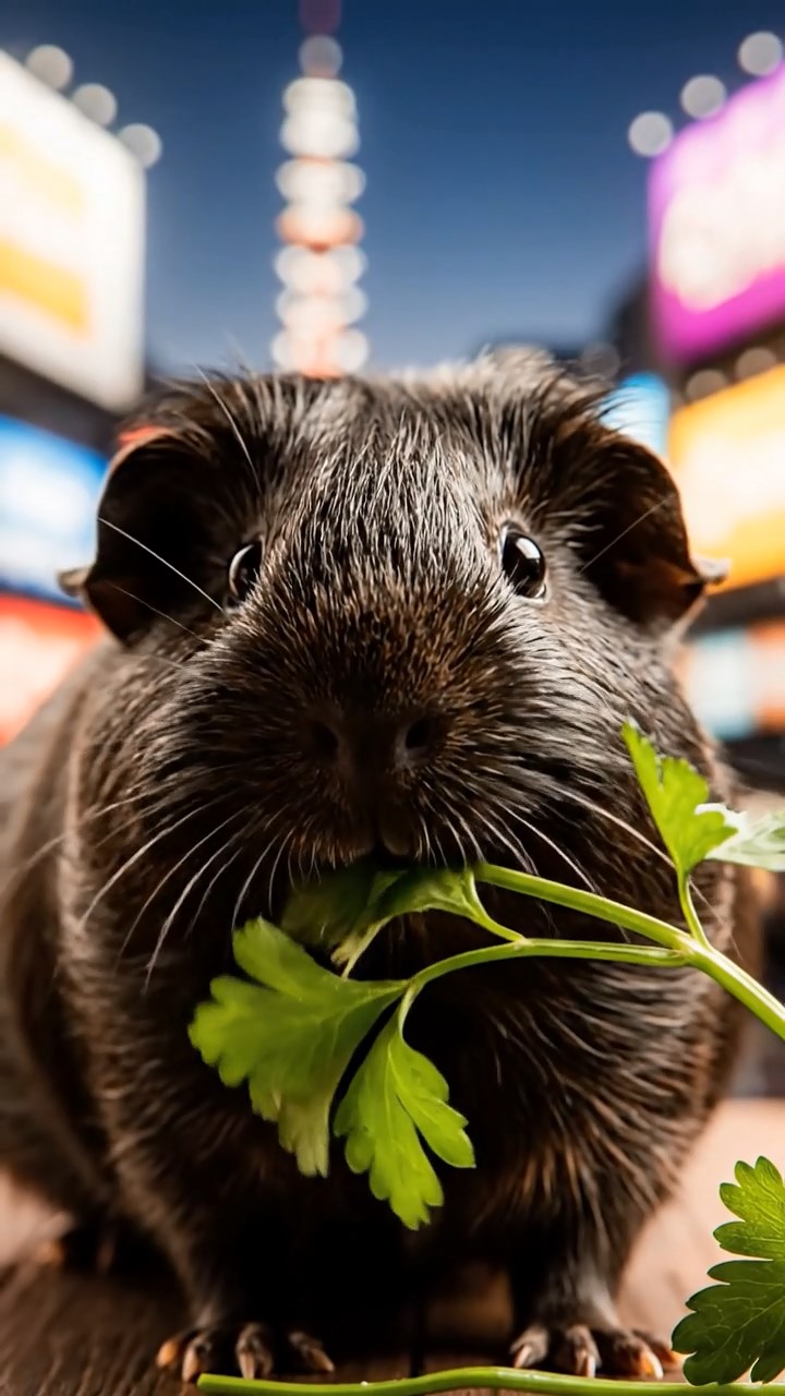 1213. Realistic photo of 1 smooth-haired Peruvian guinea pig with sable fur, eating fresh parsley, on a Tokyo neon-lit rooftop with skyscrapers and billboards glowing.