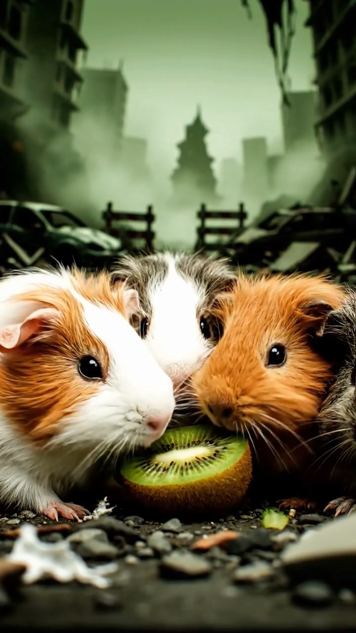 1214. Highly detailed view of 4 smooth-haired Silkie guinea pigs with white, orange, and gray fur, nibbling on kiwi fruit, in a zombie-infested city street with barricades and fog.