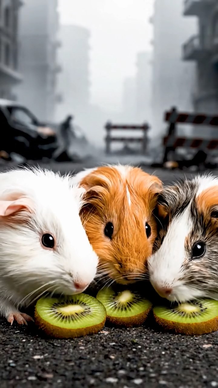 1214. Highly detailed view of 4 smooth-haired Silkie guinea pigs with white, orange, and gray fur, nibbling on kiwi fruit, in a zombie-infested city street with barricades and fog.