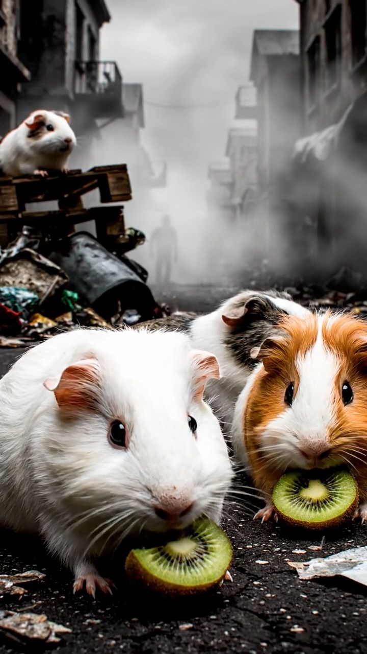 1214. Highly detailed view of 4 smooth-haired Silkie guinea pigs with white, orange, and gray fur, nibbling on kiwi fruit, in a zombie-infested city street with barricades and fog.