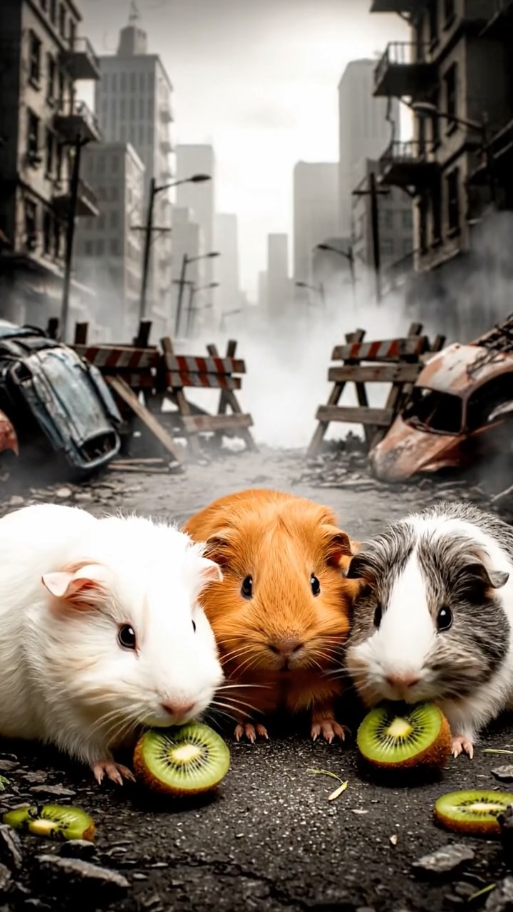 1214. Highly detailed view of 4 smooth-haired Silkie guinea pigs with white, orange, and gray fur, nibbling on kiwi fruit, in a zombie-infested city street with barricades and fog.