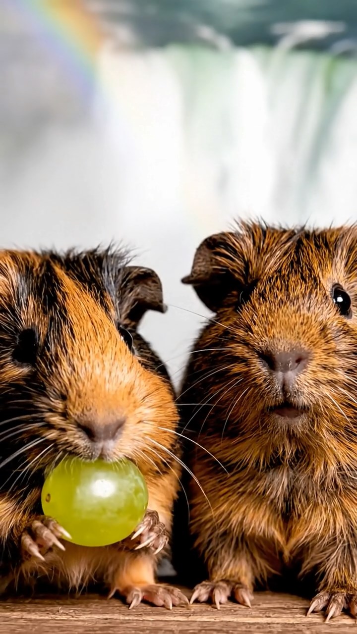 1215. Photorealistic image of 2 smooth-haired Teddy guinea pigs in black and brown colors, enjoying grape halves, by a majestic Niagara Falls overlook with mist rising and rainbows.