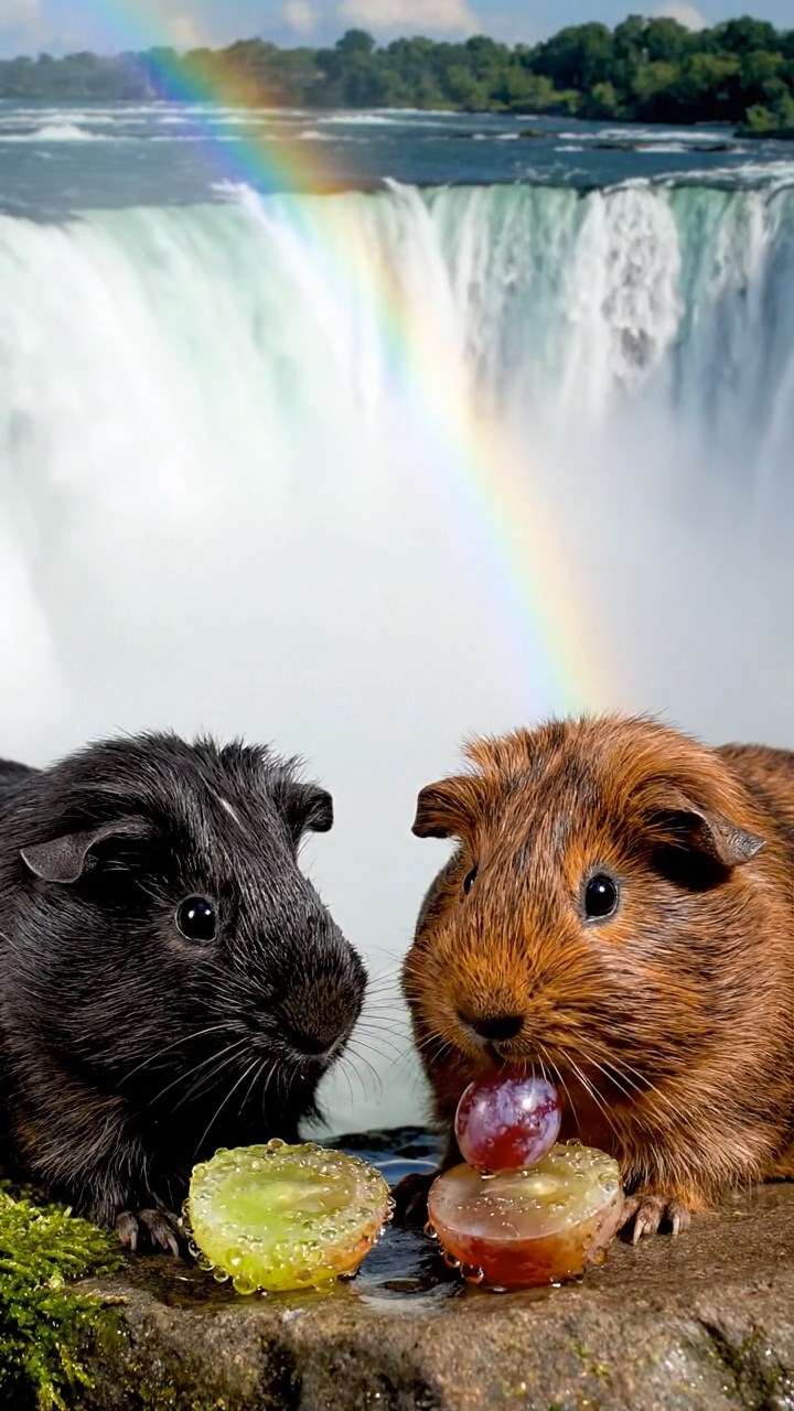 1215. Photorealistic image of 2 smooth-haired Teddy guinea pigs in black and brown colors, enjoying grape halves, by a majestic Niagara Falls overlook with mist rising and rainbows.