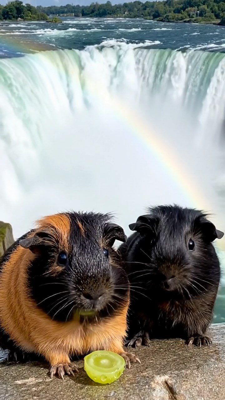1215. Photorealistic image of 2 smooth-haired Teddy guinea pigs in black and brown colors, enjoying grape halves, by a majestic Niagara Falls overlook with mist rising and rainbows.