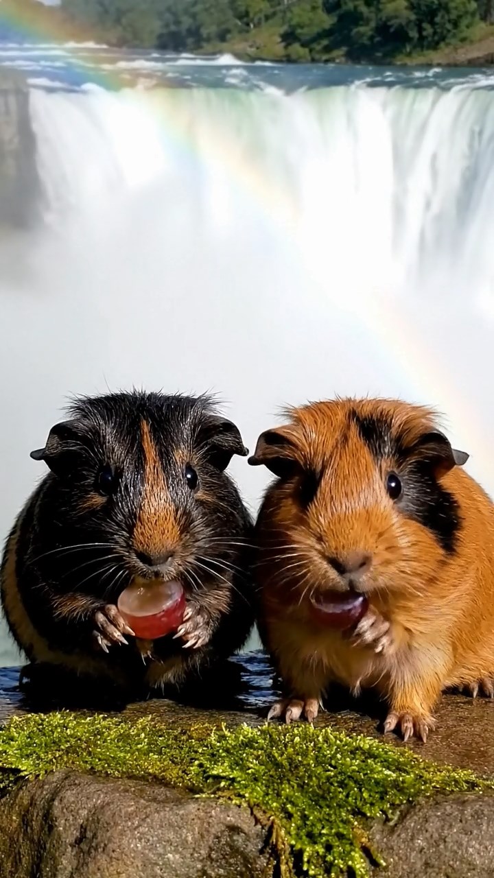 1215. Photorealistic image of 2 smooth-haired Teddy guinea pigs in black and brown colors, enjoying grape halves, by a majestic Niagara Falls overlook with mist rising and rainbows.