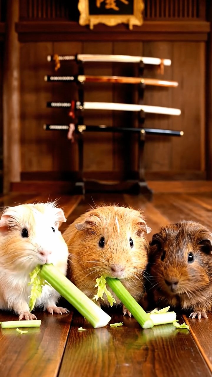 1216. Realistic depiction of 3 smooth-haired Texel guinea pigs with cream, fawn, and chocolate fur, chewing on celery stalks, in a traditional samurai dojo with wooden floors and katana racks.