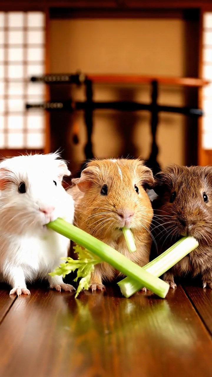 1216. Realistic depiction of 3 smooth-haired Texel guinea pigs with cream, fawn, and chocolate fur, chewing on celery stalks, in a traditional samurai dojo with wooden floors and katana racks.