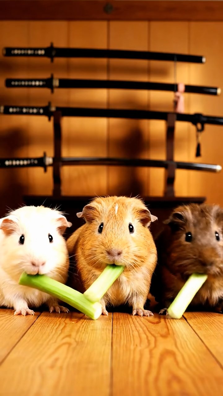1216. Realistic depiction of 3 smooth-haired Texel guinea pigs with cream, fawn, and chocolate fur, chewing on celery stalks, in a traditional samurai dojo with wooden floors and katana racks.