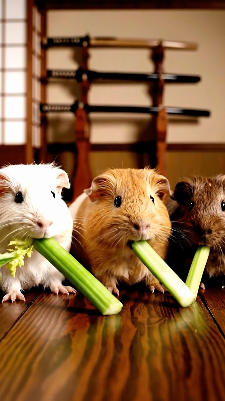 1216. Realistic depiction of 3 smooth-haired Texel guinea pigs with cream, fawn, and chocolate fur, chewing on celery stalks, in a traditional samurai dojo with wooden floors and katana racks.