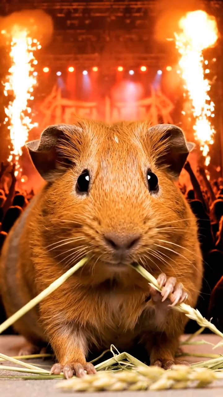 1217. Detailed scene of 1 smooth-haired Rex guinea pig with cinnamon fur, munching on timothy hay, at a heavy metal concert stage with pyrotechnics and screaming fans.