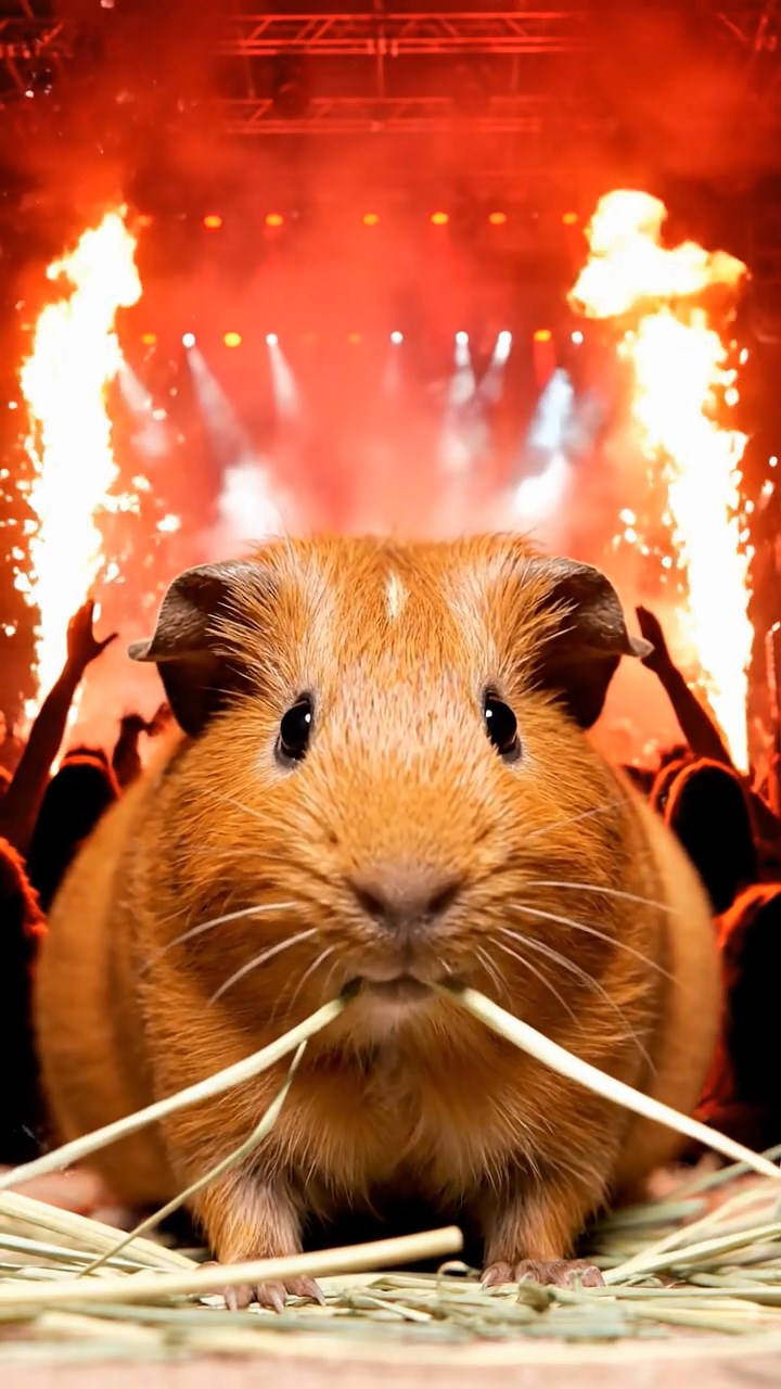 1217. Detailed scene of 1 smooth-haired Rex guinea pig with cinnamon fur, munching on timothy hay, at a heavy metal concert stage with pyrotechnics and screaming fans.