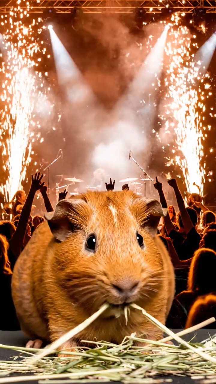 1217. Detailed scene of 1 smooth-haired Rex guinea pig with cinnamon fur, munching on timothy hay, at a heavy metal concert stage with pyrotechnics and screaming fans.