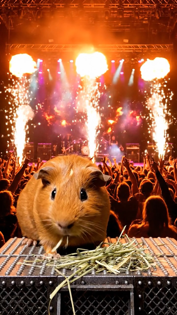 1217. Detailed scene of 1 smooth-haired Rex guinea pig with cinnamon fur, munching on timothy hay, at a heavy metal concert stage with pyrotechnics and screaming fans.
