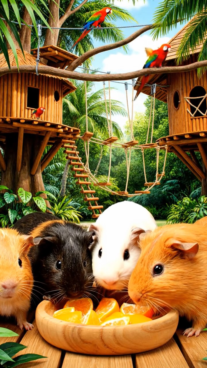 1218. Photorealistic photo of 5 smooth-haired Coronet guinea pigs featuring sable, white, and orange coats, sharing orange segments, in a tropical treehouse resort with zip lines and parrots.