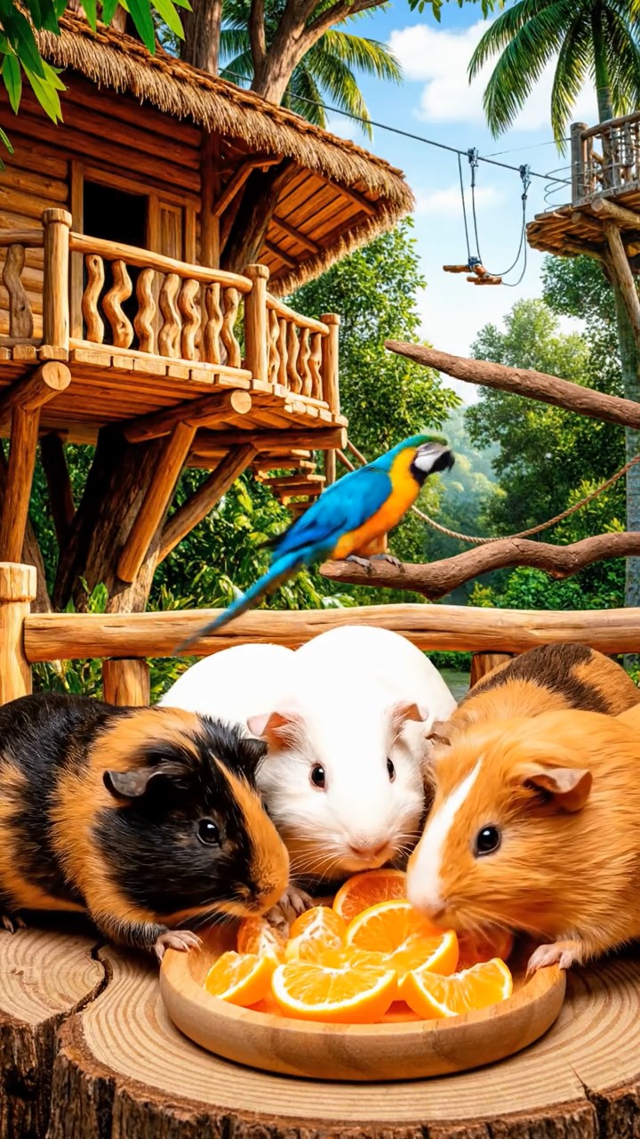 1218. Photorealistic photo of 5 smooth-haired Coronet guinea pigs featuring sable, white, and orange coats, sharing orange segments, in a tropical treehouse resort with zip lines and parrots.