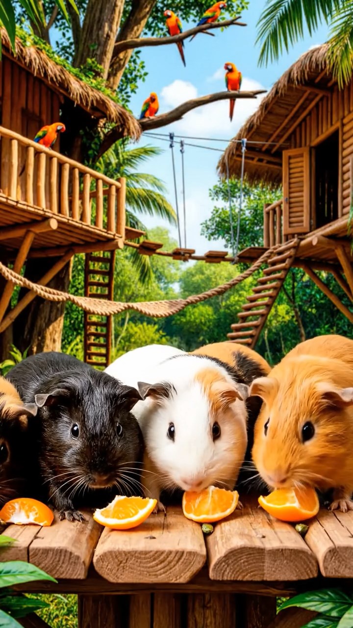 1218. Photorealistic photo of 5 smooth-haired Coronet guinea pigs featuring sable, white, and orange coats, sharing orange segments, in a tropical treehouse resort with zip lines and parrots.