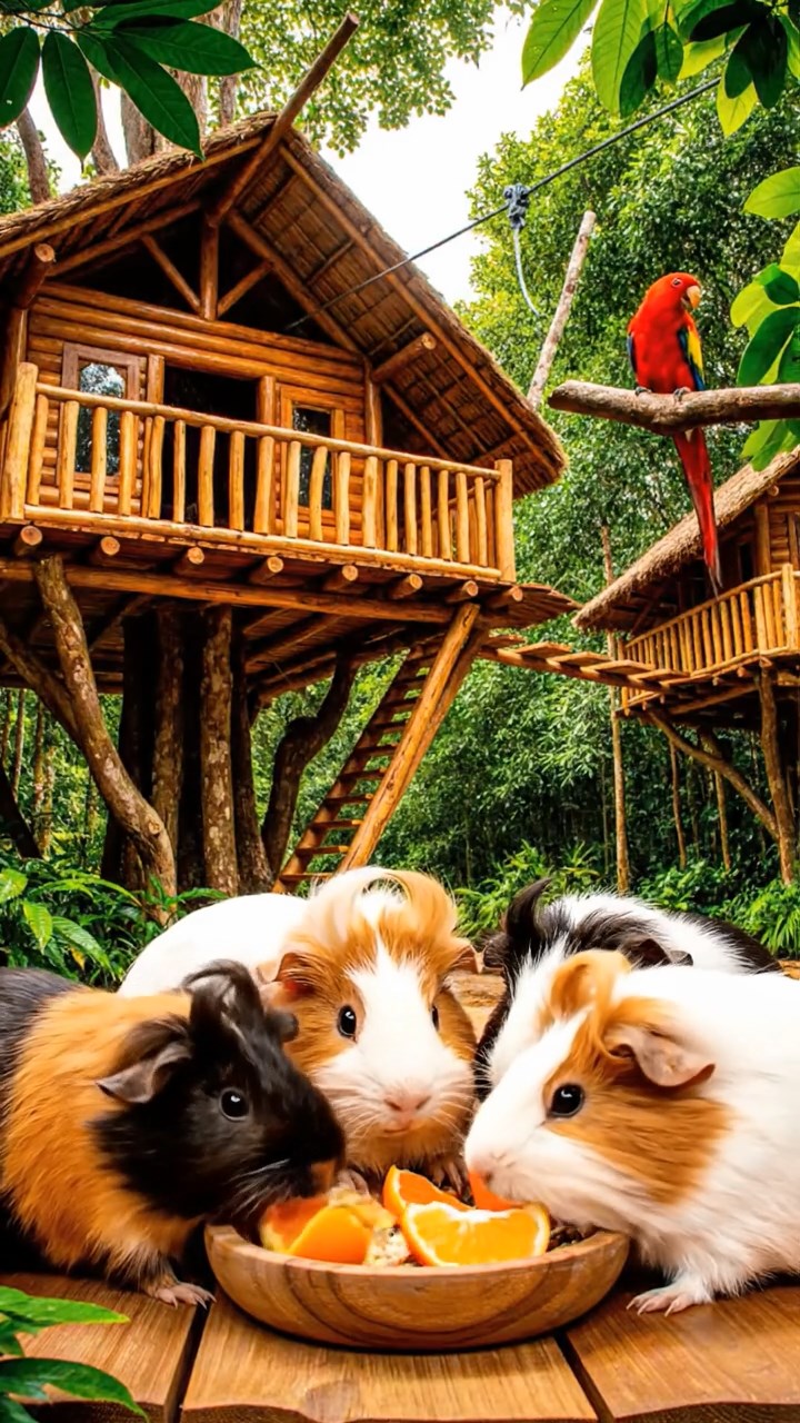 1218. Photorealistic photo of 5 smooth-haired Coronet guinea pigs featuring sable, white, and orange coats, sharing orange segments, in a tropical treehouse resort with zip lines and parrots.