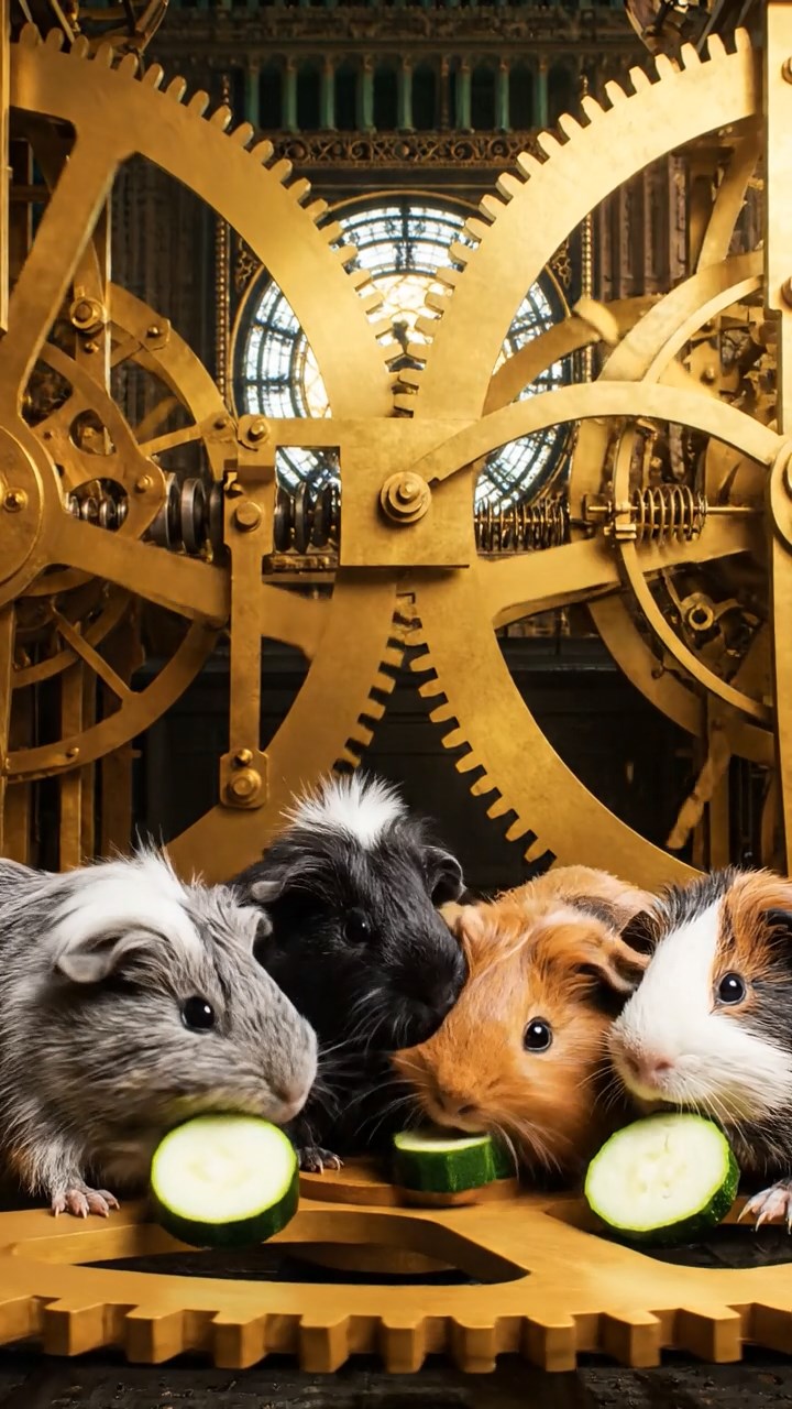 1219. Realistic image of 4 smooth-haired White Crested guinea pigs with gray, black, and brown fur, eating zucchini slices, inside a Big Ben clock mechanism with giant gears turning.