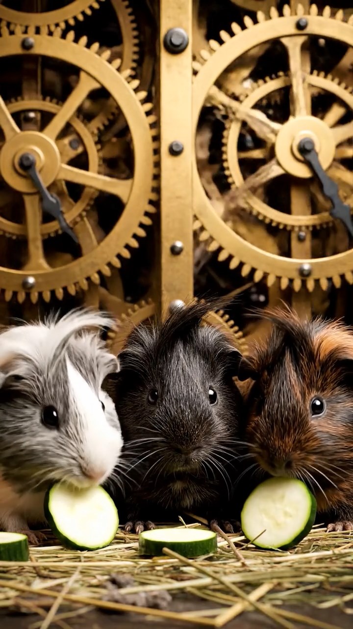 1219. Realistic image of 4 smooth-haired White Crested guinea pigs with gray, black, and brown fur, eating zucchini slices, inside a Big Ben clock mechanism with giant gears turning.