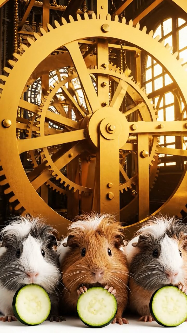 1219. Realistic image of 4 smooth-haired White Crested guinea pigs with gray, black, and brown fur, eating zucchini slices, inside a Big Ben clock mechanism with giant gears turning.